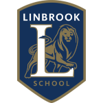 Linbrook School logo - a white L with a golden lion walking behind it